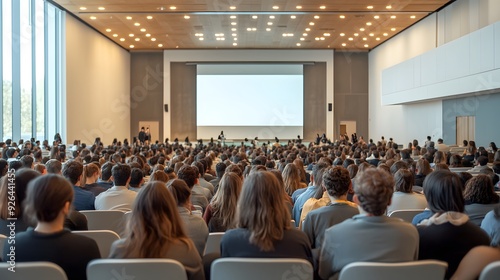 Wallpaper Mural Bright auditorium, corporate conference, audience from behind, rows of attendees, modern lecture hall, well-lit stage, crisp projection screen, white walls, spotlights, business casual attire. Torontodigital.ca