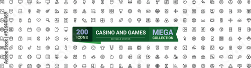 Casino and game line icon set. Mega collection of casino and gambling icon. Outline symbols collection. Editable stroke. Vector illustration.