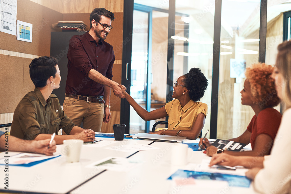 Obraz premium Office, business people and handshake in meeting for introduction, welcome and onboarding with smile. Team, employees and manager of marketing agency with client for shaking hands, deal or thank you