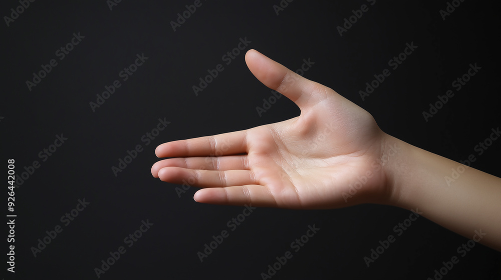 Hand gesture, open palm in an horizontal position on a black background, showing gesture Hand gesture, open palm in an horizontal position on a black background, showing gesture