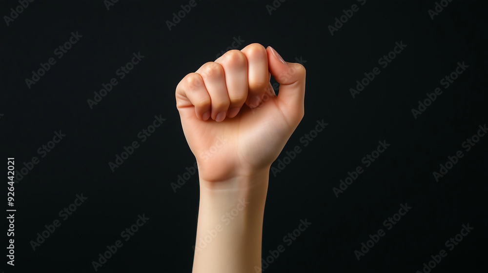 Hand gesture, clenched female fist raised up, fight gesture Hand gesture, clenched female fist raised up, fight gesture