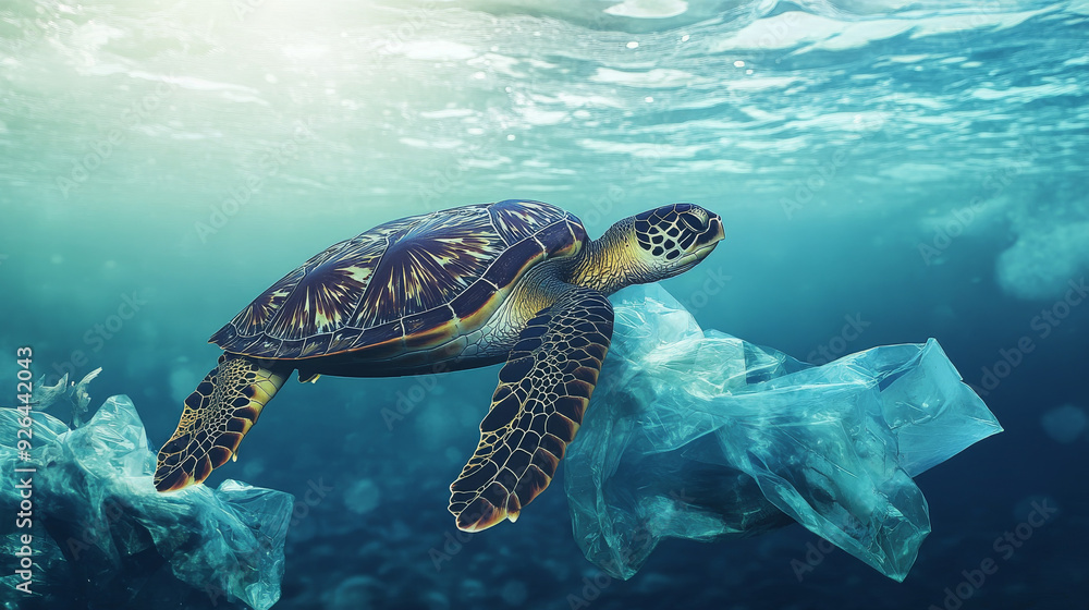 Obraz premium Plastic waste dumped in the ocean harms wildlife. --ar 16:9 --v 6.1 Job ID: 5ead308e-99d0-4413-ab7a-50b4165dd181