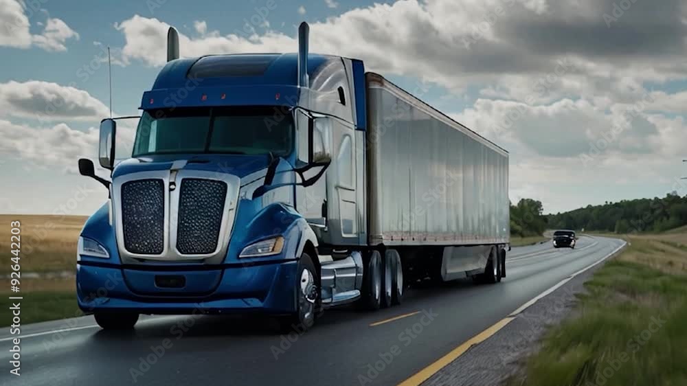 Blue Semi-Truck Driving on a Highway with a Field and Cloudy Sky Blue Semi-Truck Driving on a Highway with a Field and Cloudy Sky