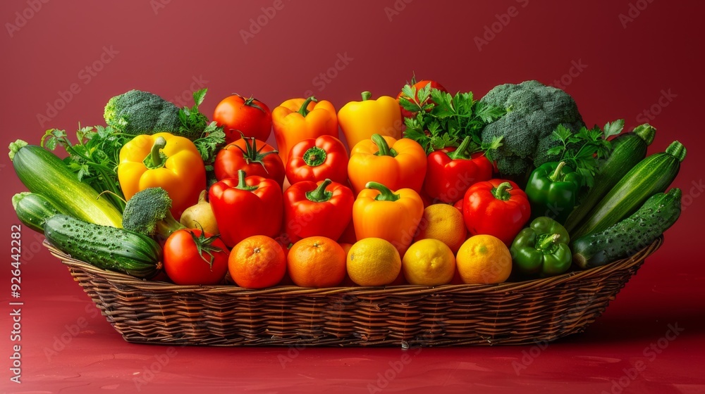 A shopping cart filled with vibrant fruits and vegetables, isolated on a rainbow-colored background, representing healthy eating and nutrition. A shopping cart filled with vibrant fruits and vegetables, isolated on a rainbow-colored background, representing healthy eating and nutrition.