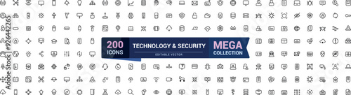 Technology and security line icon set. Mega collection of cyber security icon. Outline symbols collection. Editable stroke. Vector illustration.