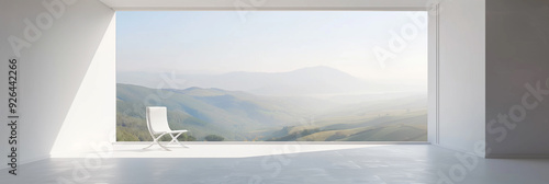 one chair white minimalist empty room window covering the whole wall view beautiful Italian landscape photo