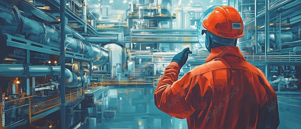 An industrial engineer in protective gear, examining complex machinery in a busy manufacturing setting. An industrial engineer in protective gear, examining complex machinery in a busy manufacturing setting.