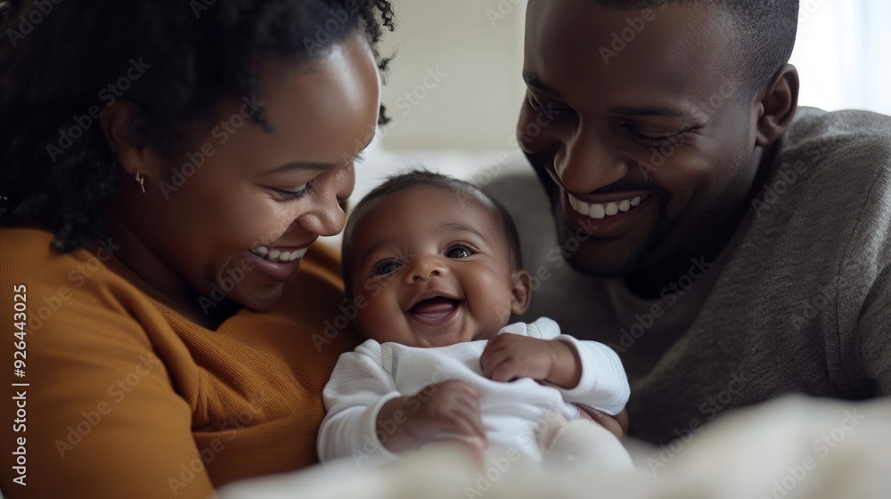 Smiling young parents with newborn baby enjoying the joy of parenthood and family bonding in warm sunlight Smiling young parents with newborn baby enjoying the joy of parenthood and family bonding in warm sunlight