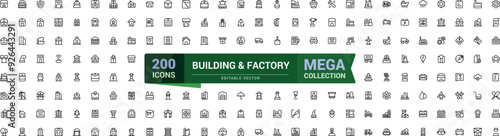 Building and factory related line icon set. Pixel perfect. Mega collection. Outline symbols collection. Editable stroke. Vector illustration.
