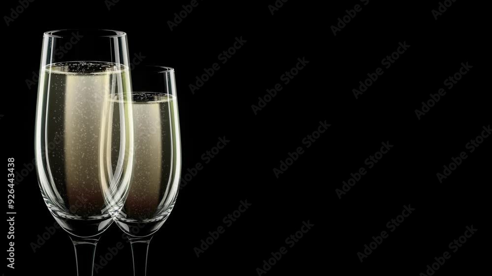 Two glasses of bubbling champagne or prosecco, captured in a close-up loop, black background, elegant and festive drink Two glasses of bubbling champagne or prosecco, captured in a close-up loop, black background, elegant and festive drink
