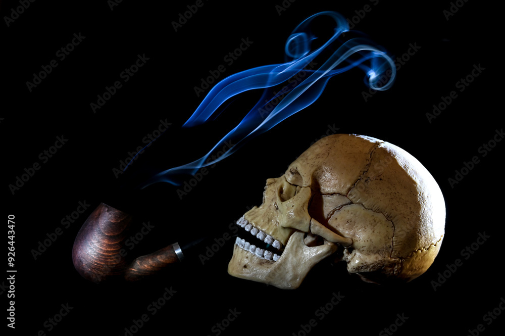 skull with a smoking pipe on a black background