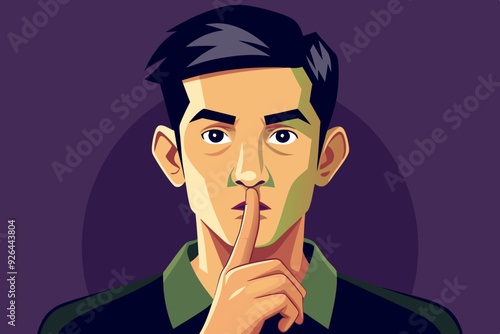 Shh! Gesture is quieter. The concept of male secret. A man asks for silence. Vector illustration
