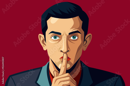 Shh! Gesture is quieter. The concept of male secret. A man asks for silence. Vector illustration
