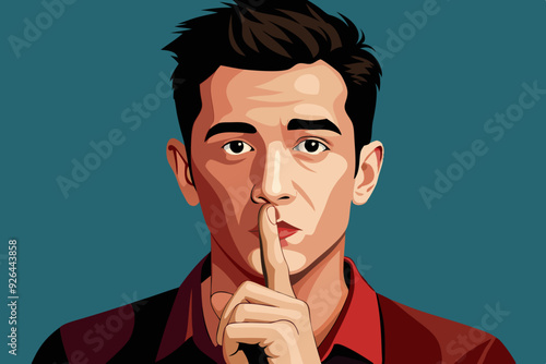 Shh! Gesture is quieter. The concept of male secret. A man asks for silence. Vector illustration
