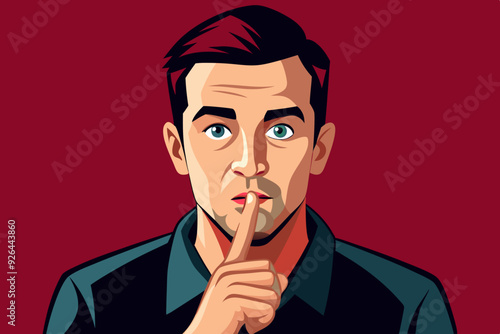 Shh! Gesture is quieter. The concept of male secret. A man asks for silence. Vector illustration
