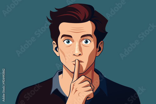 Shh! Gesture is quieter. The concept of male secret. A man asks for silence. Vector illustration
