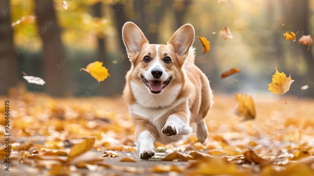 A corgi dog running in the park, smiling and happy with autumn leaves flying around it. A corgi dog running in the park, smiling and happy with autumn leaves flying around it.