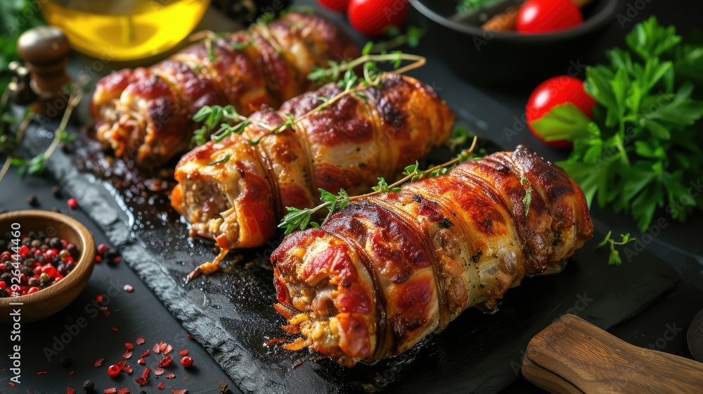 Rolls of baked meat. AI generative. Rolls of baked meat. AI generative.