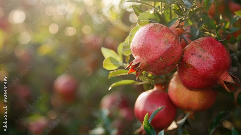 Ripe pomegranates growing in the garden. Close-up. Ripe pomegranates growing in the garden. Close-up.