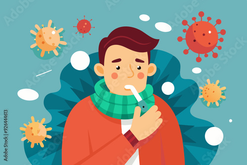 Sick man. Flu, viral disease. Vector illustration
