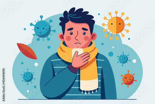 Sick man. Flu, viral disease. Vector illustration
