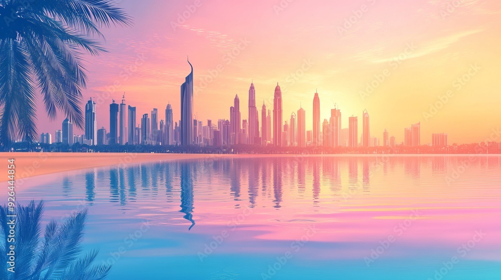 A vibrant banner featuring the Dubai skyline with its modern skyscrapers, set against a tropical beach with palm trees. The scene showcases the palm trees A vibrant banner featuring the Dubai skyline with its modern skyscrapers, set against a tropical beach with palm trees. The scene showcases the palm trees