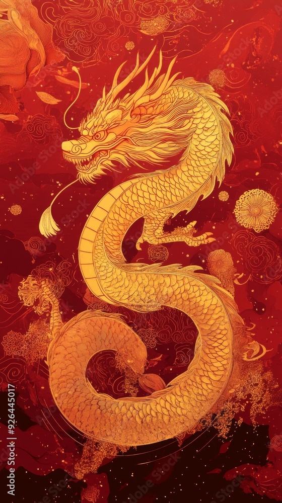 Obraz premium Majestic Dragon Zodiac: Vibrant 2024/2036 Lunar New Year Abstract Design. Auspicious Chinese Celebration with Floral Patterns, Lanterns, Red and Gold Elements. Artistic UI Background for Festive Marke