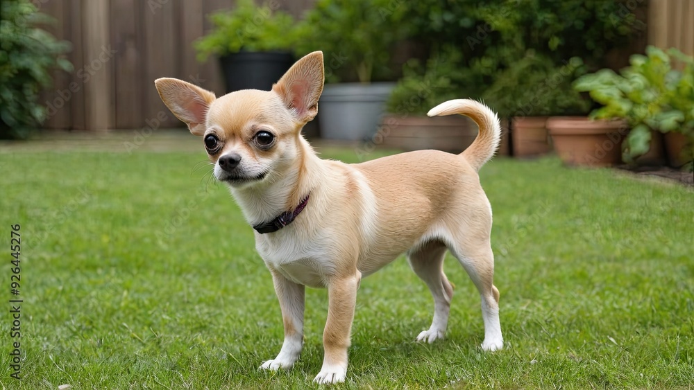 Fawn smooth coat chihuahua dog in the garden Fawn smooth coat chihuahua dog in the garden