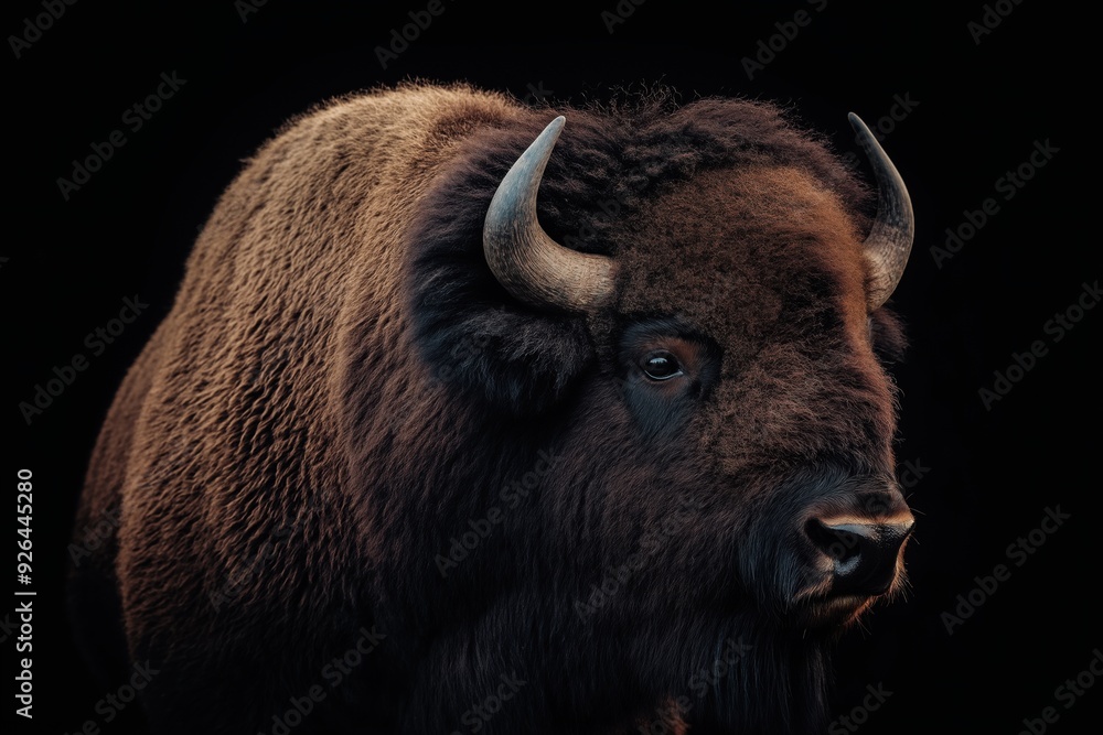 Photo of a bison isolated against a black background, emphasising the bison's majestic features. Wildlife and conservation concept, space for copy. Photo of a bison isolated against a black background, emphasising the bison's majestic features. Wildlife and conservation concept, space for copy.