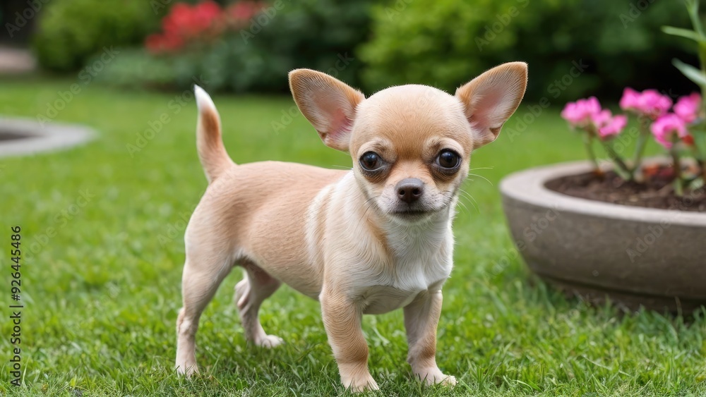 Fawn smooth coat chihuahua dog in the garden Fawn smooth coat chihuahua dog in the garden