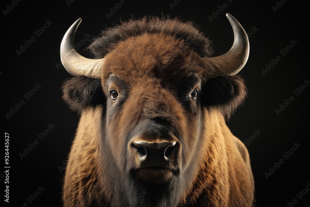 Photo of a bison isolated against a black background, emphasising the bison's majestic features. Wildlife and conservation concept, space for copy. Photo of a bison isolated against a black background, emphasising the bison's majestic features. Wildlife and conservation concept, space for copy.