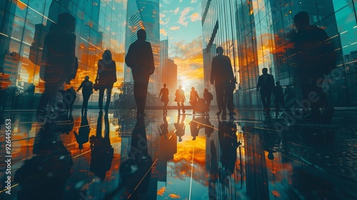 The stunning sunset with silhouetted figures is captivating, reflecting off glass surfaces