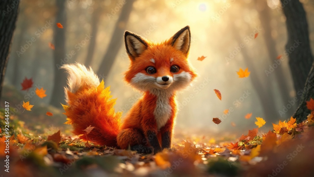 Naklejka premium Cute Fox Character Surrounded by Autumn Leaves