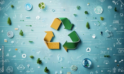 A Green and Yellow Recycle Symbol Surrounded by Abstract White Drawings on a Blue Background photo