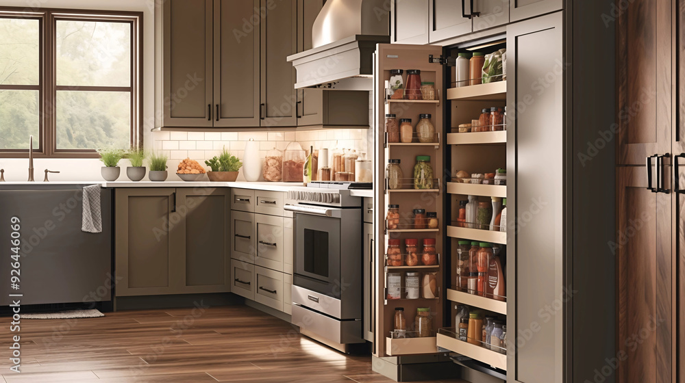 organized kitchen storage with dark wood cabinets and stainless steel appliances, showcasing efficient use of space organized kitchen storage with dark wood cabinets and stainless steel appliances, showcasing efficient use of space