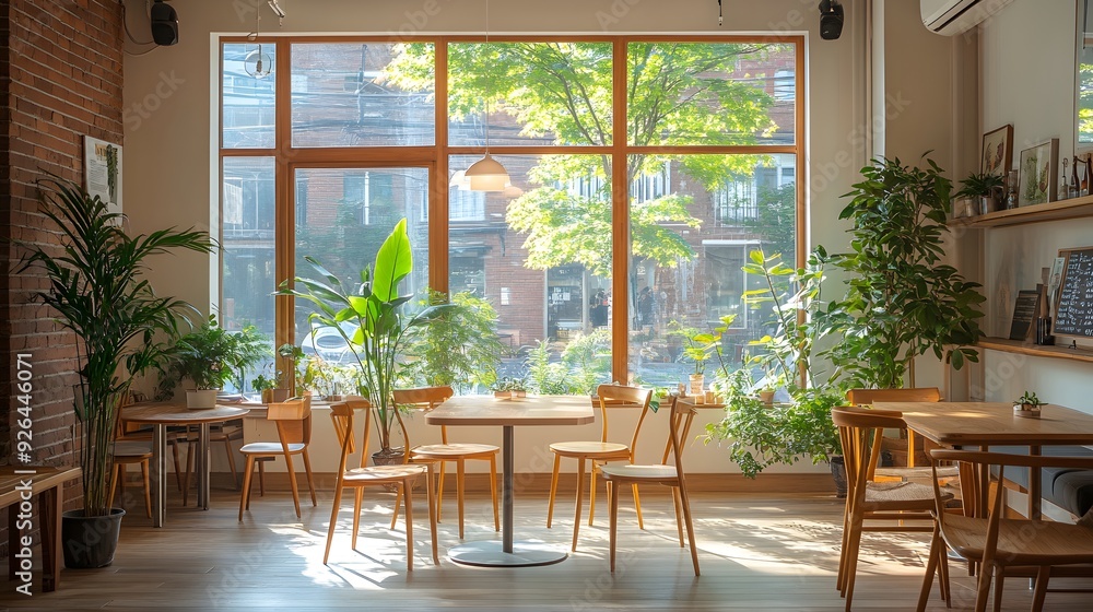 Obraz premium Minimalist coffee shop, wooden tables, cozy seating, large windows, natural light, potted plants, warm ambiance, high-resolution interior photography, contemporary design.