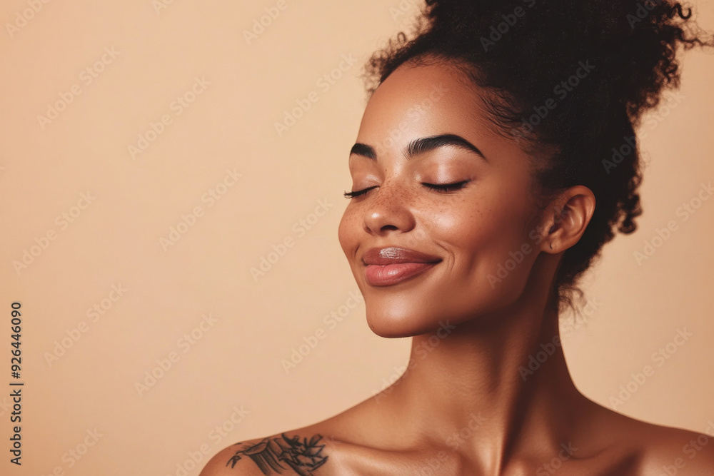 A close up of a tattooed black woman's face with her eyes closed A close up of a tattooed black woman's face with her eyes closed