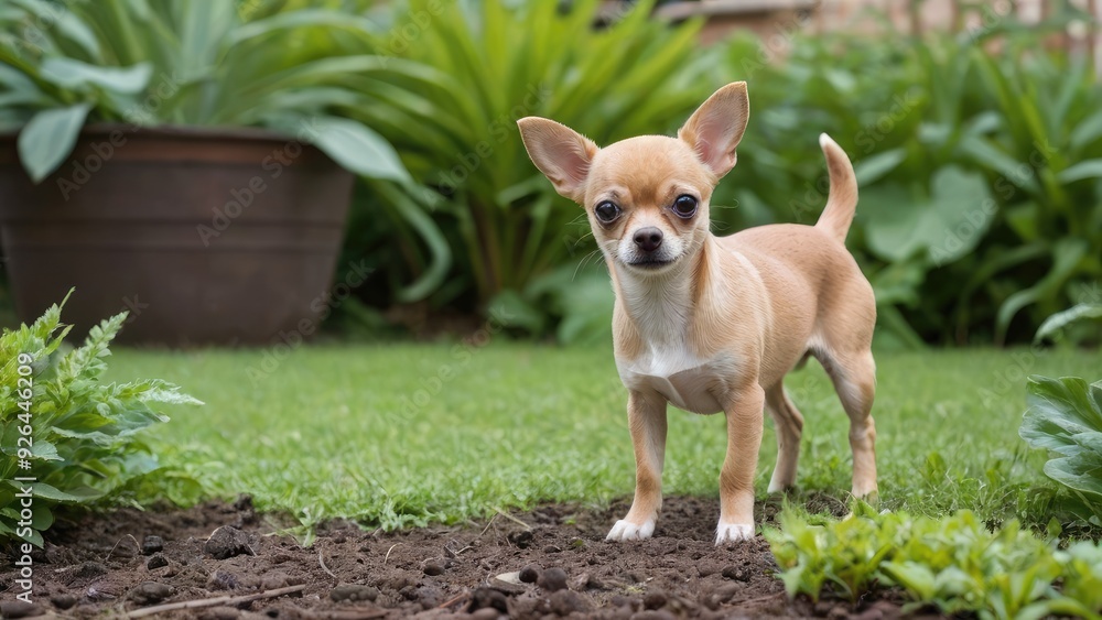 Fawn smooth coat chihuahua dog in the garden Fawn smooth coat chihuahua dog in the garden