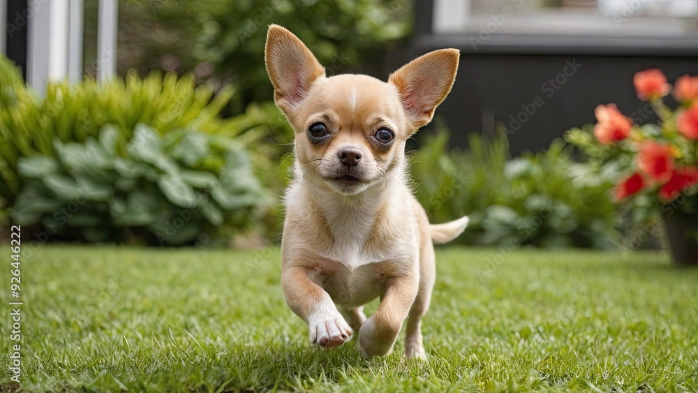 Fawn smooth coat chihuahua dog in the garden Fawn smooth coat chihuahua dog in the garden