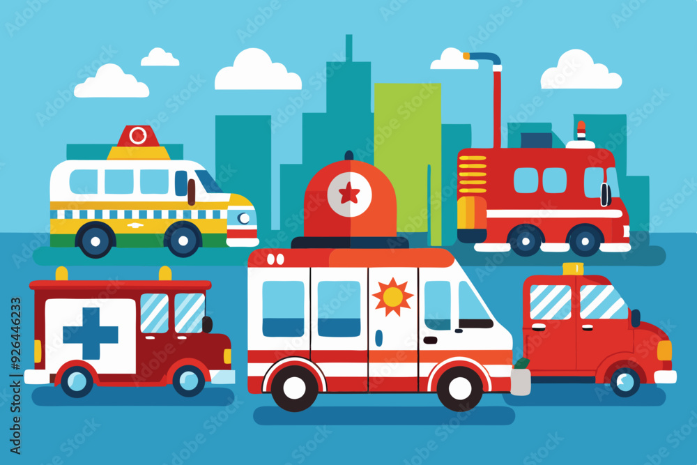 Set of emergency vehicles. Police car, ambulance and fire truck
Set of emergency vehicles. Police car, ambulance and fire truck