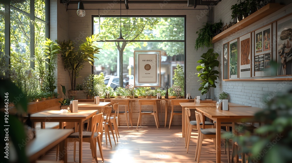 Fototapeta premium Minimalist coffee shop, wooden tables, cozy seating, large windows, natural light, potted plants, warm ambiance, high-resolution interior photography, contemporary design.
