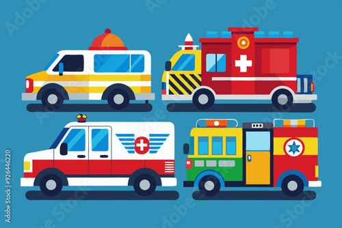 Set of emergency vehicles. Police car, ambulance and fire truck
