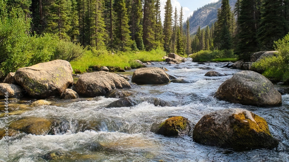 Pristine Alpine Stream Flowing Over Smooth Rocks, Surrounded by Moss-Covered Boulders and Tall Evergreen Trees. AI generated illustration Pristine Alpine Stream Flowing Over Smooth Rocks, Surrounded by Moss-Covered Boulders and Tall Evergreen Trees. AI generated illustration