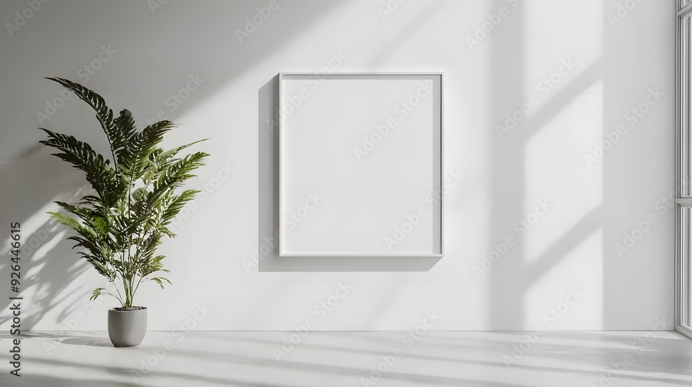 Minimalist interior with large empty picture frame on pure white wall, natural light from window casting soft shadows, indoor plant with green leaves in corner, modern and clean aesthetic. Minimalist interior with large empty picture frame on pure white wall, natural light from window casting soft shadows, indoor plant with green leaves in corner, modern and clean aesthetic.
