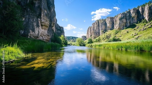 Clear River Meandering Through a Lush Green Valley with Majestic Cliffs and Reflections of a Deep Blue Sky. AI generated illustration