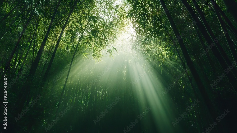 Obraz premium Sunlight Piercing Through a Dense Bamboo Forest, Creating Intricate Patterns of Light and Shadow on the Forest Floor. AI generated illustration