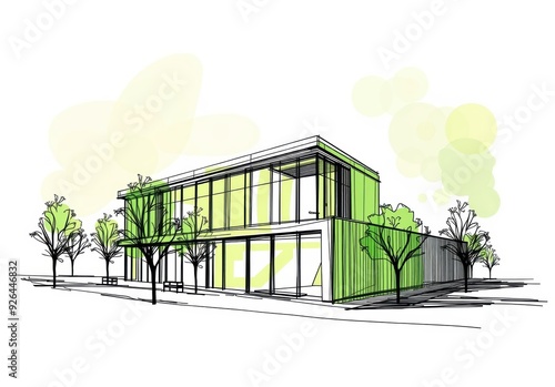 Modern architectural sketch of a green building , symbolizing sustainable design and eco-friendly construction.