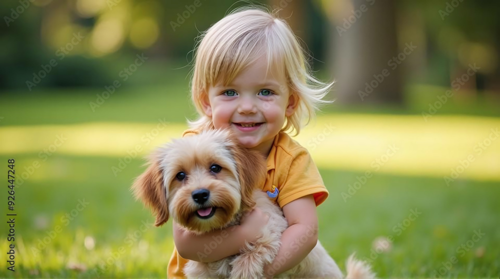 A young child hugging a small, fluffy dog in a park. The background shows green grass and trees A young child hugging a small, fluffy dog in a park. The background shows green grass and trees