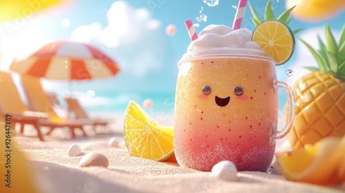 Character enjoying a tropical smoothie, beachside cafe, 3D illustration