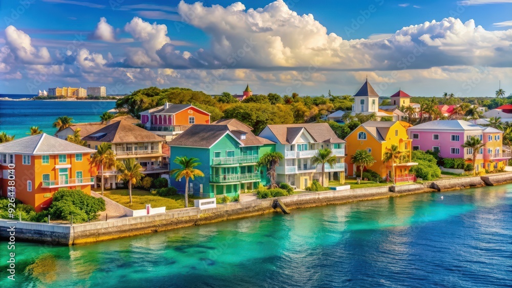 Fototapeta premium Colorful homes lining the scenic coastline of Nassau, Bahamas, colorful, homes, Nassau, coastline, Bahamas, tropical